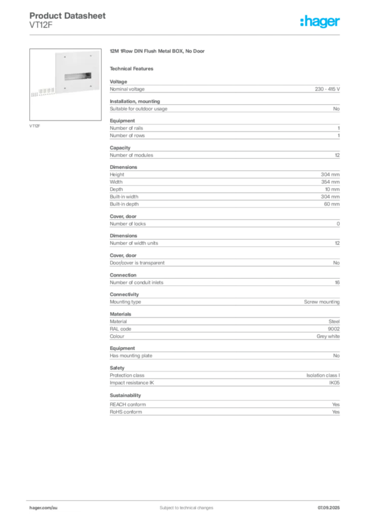 Image Hager Product data sheet VT12F  | Hager Australia