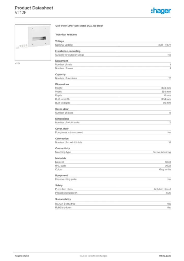 Image Hager Product data sheet VT12F  | Hager New Zealand