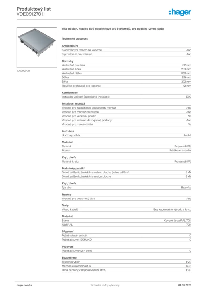 Obrázek Hager Product data sheet VDE09127011 | Hager