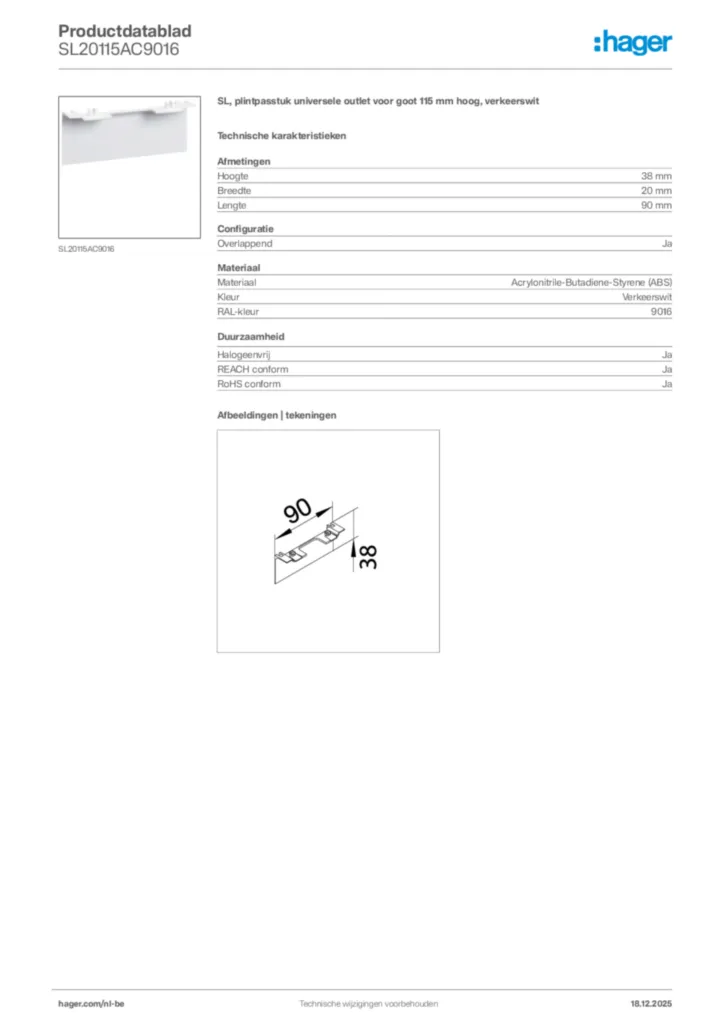 Afbeelding Hager Productdatablad SL20115AC9016 | Hager Belgium