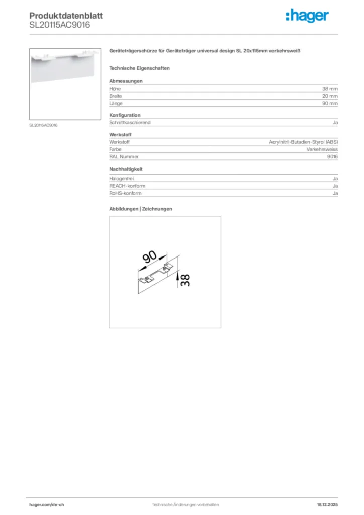 Bild Hager Produktdatenblatt SL20115AC9016 | Hager Schweiz