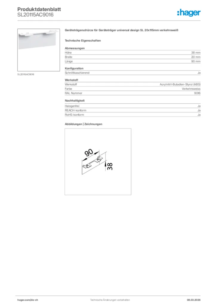 Bild Hager Produktdatenblatt SL20115AC9016 | Hager Schweiz
