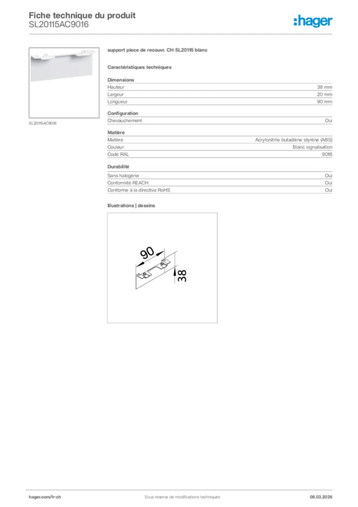 Image Hager Fiche technique du produit SL20115AC9016 | Hager Suisse