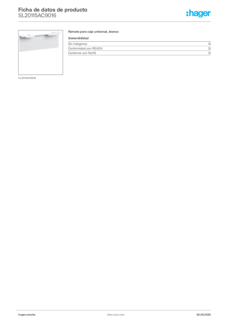 Imagen Hager Ficha de datos de producto SL20115AC9016 | Hager España