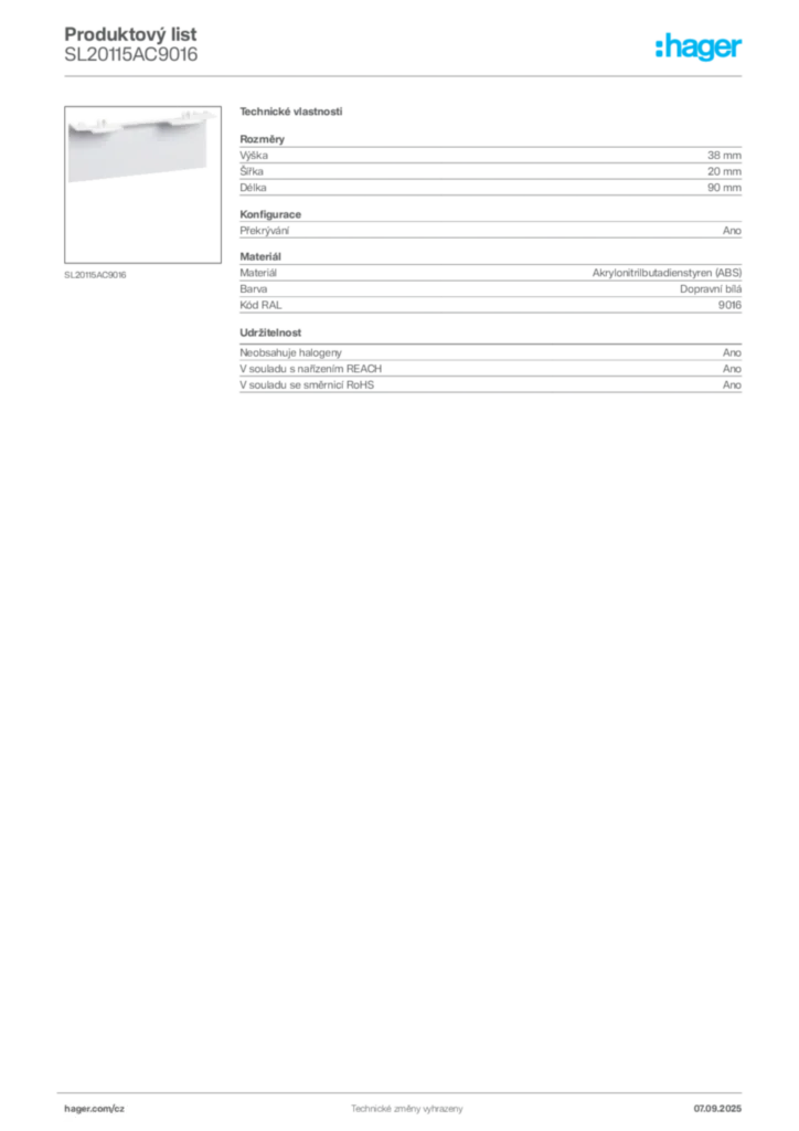 Obrázek Hager Produktový list SL20115AC9016 | Hager