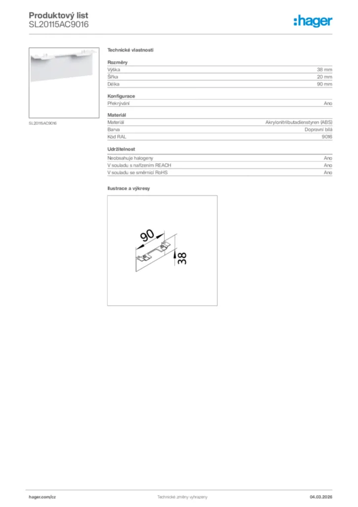 Obrázek Hager Product data sheet SL20115AC9016 | Hager