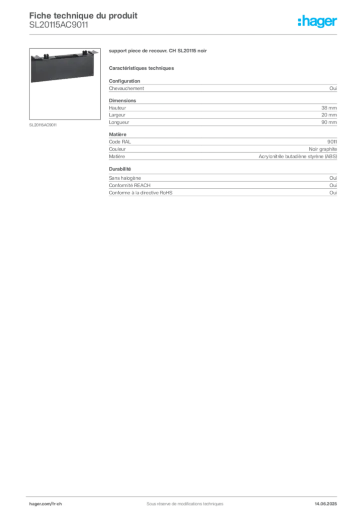 Image Hager Fiche technique du produit SL20115AC9011 | Hager Suisse