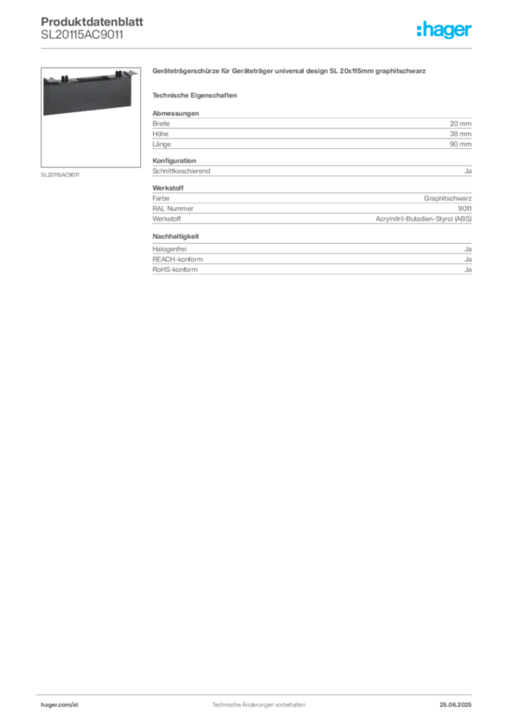 Bild Hager Produktdatenblatt SL20115AC9011 | Hager Deutschland