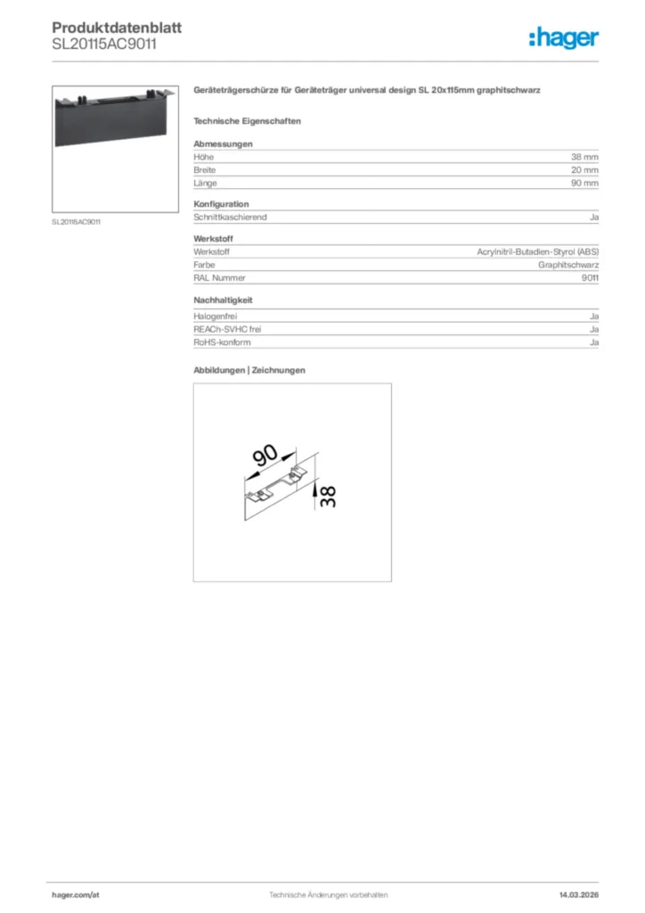 Bild Hager Produktdatenblatt SL20115AC9011 | Hager Deutschland