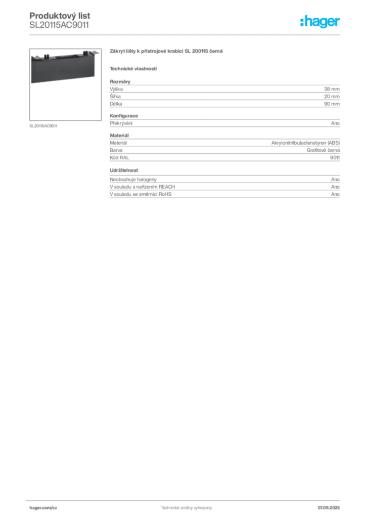 Obrázek Hager Produktový list SL20115AC9011 | Hager