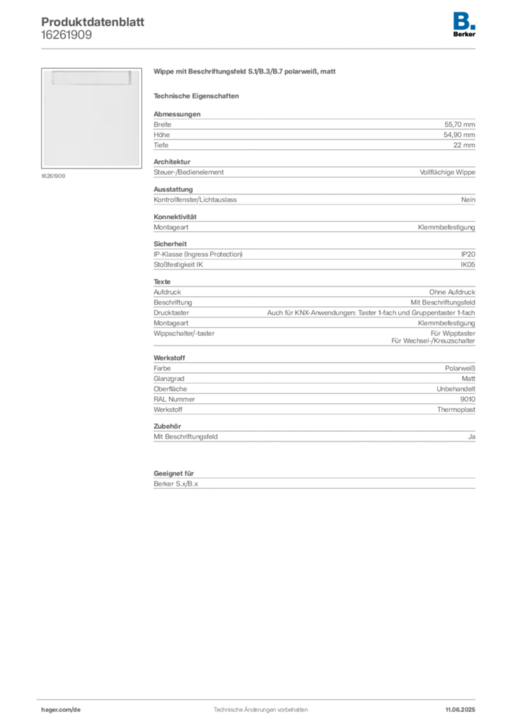 Bild Berker Produktdatenblatt 16261909 | Hager Deutschland