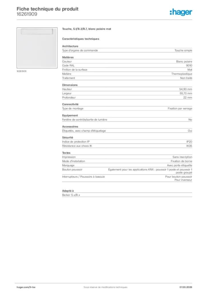 Image Hager Fiche technique du produit 16261909 | Hager Belgique