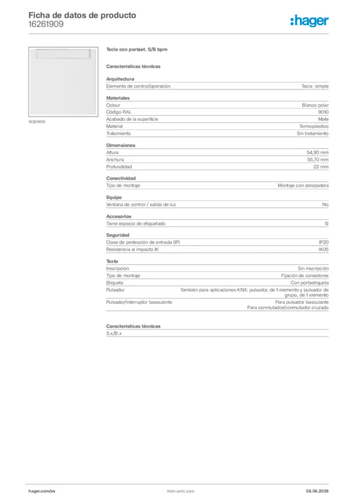 Imagen Hager Ficha de datos de producto 16261909 | Hager España