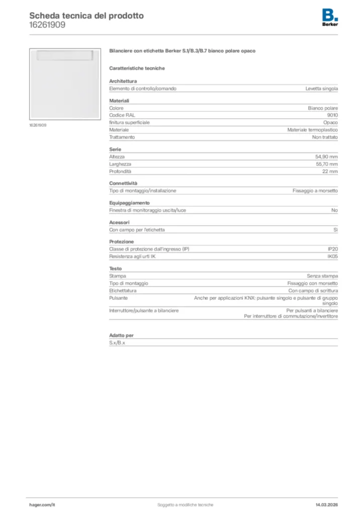 Immagine Berker Scheda tecnica del prodotto 16261909 | Hager Italia