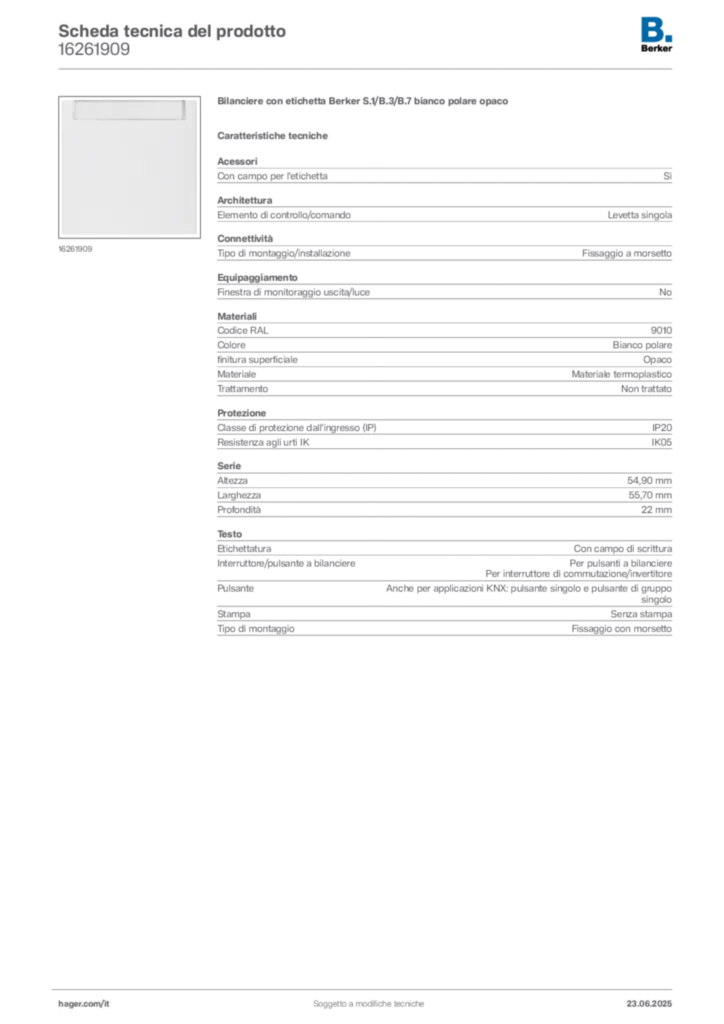 Immagine Berker Scheda tecnica del prodotto 16261909 | Hager Italia