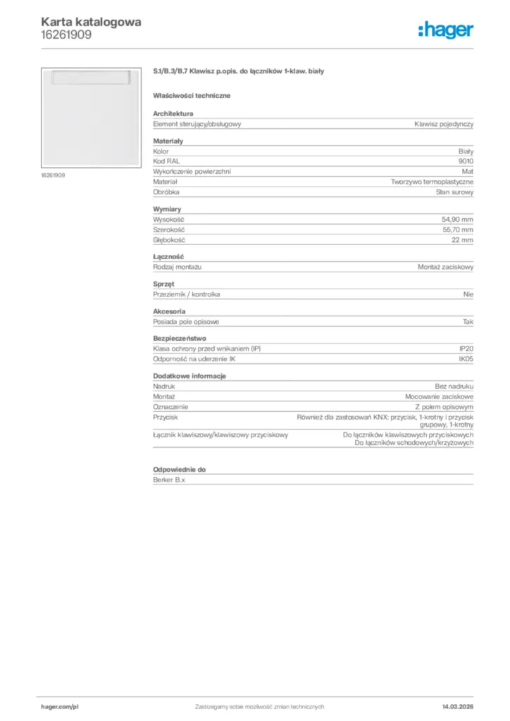 Zdjęcie Hager Karta katalogowa 16261909 | Hager Polska