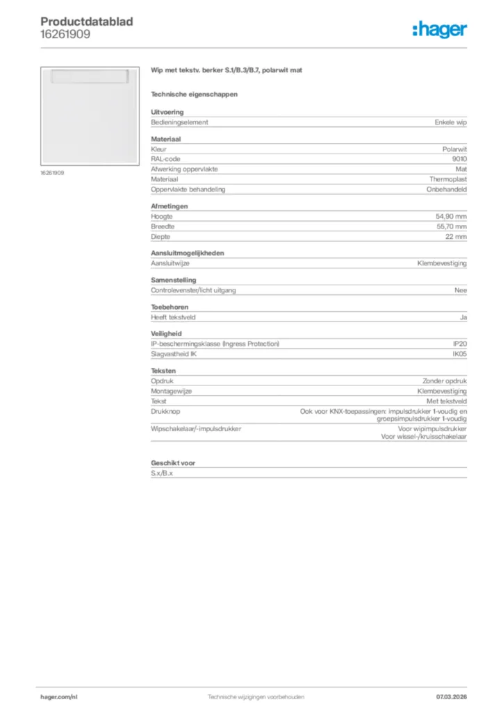 Afbeelding Hager Productdatablad 16261909 | Hager Nederland
