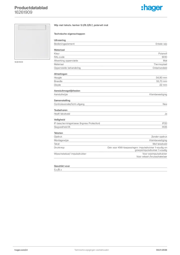 Afbeelding Hager Productdatablad 16261909 | Hager Nederland