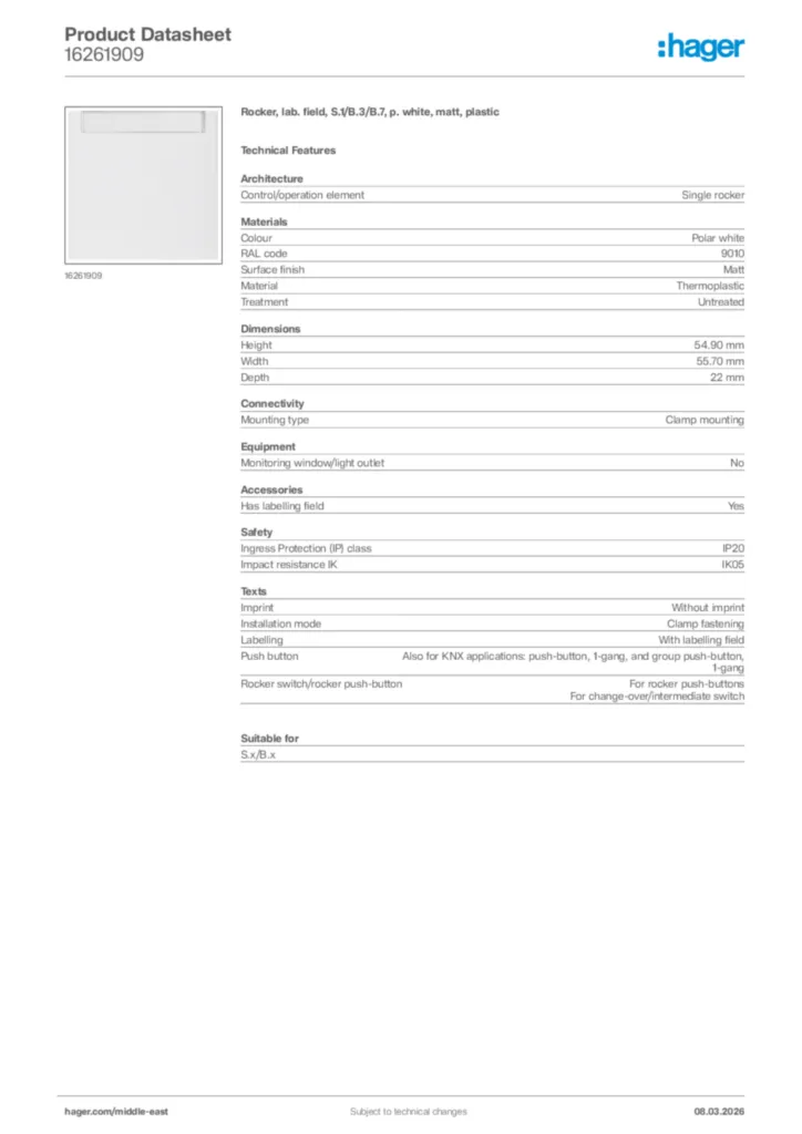 Image Hager Product data sheet 16261909  | Hager