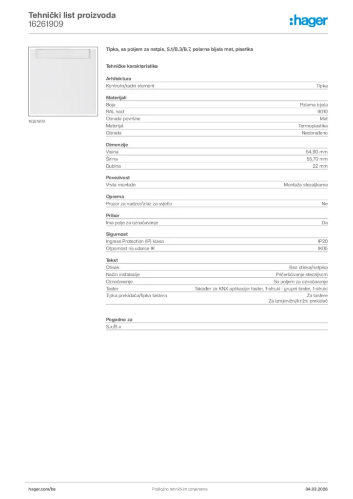 Slika Hager Tehnički list proizvoda 16261909  | Hager