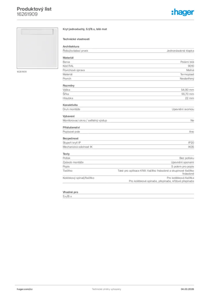 Obrázek Hager Product data sheet 16261909 | Hager