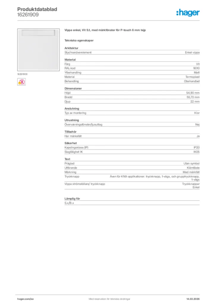 Bild Hager Produktdatablad 16261909 | Hager Sverige