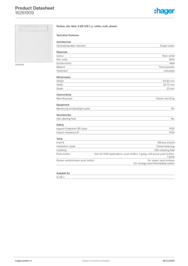 Image Hager Product data sheet 16261909  | Hager