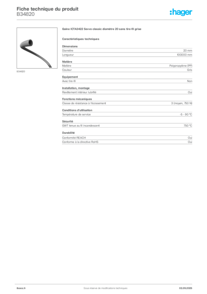 Image Iboco Fiche technique du produit B34820 | Hager France