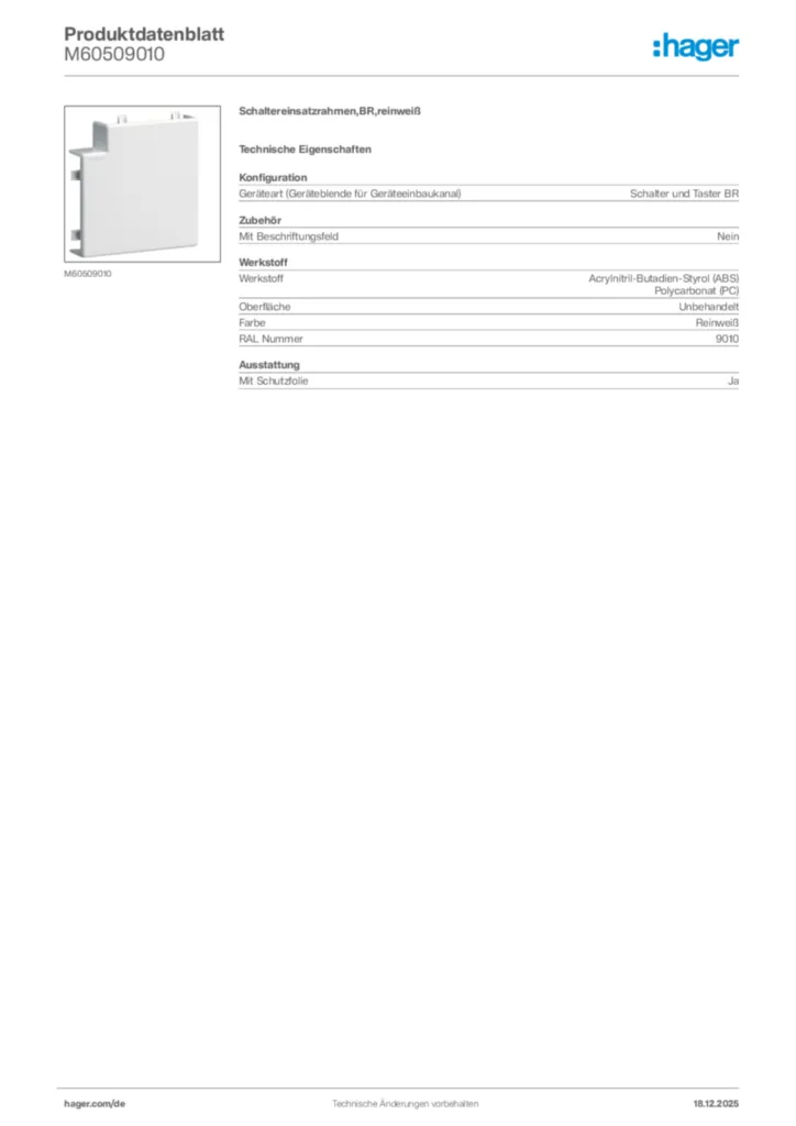Bild Hager Produktdatenblatt M60509010 | Hager Deutschland
