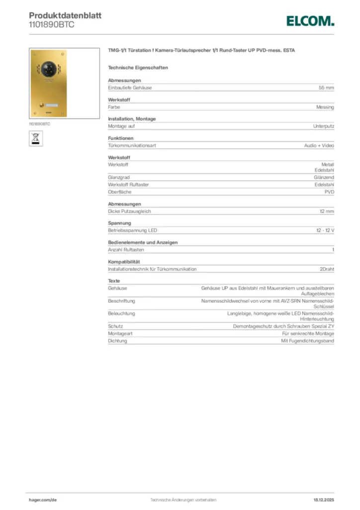 Bild Elcom Produktdatenblatt 1101890BTC | Hager Deutschland