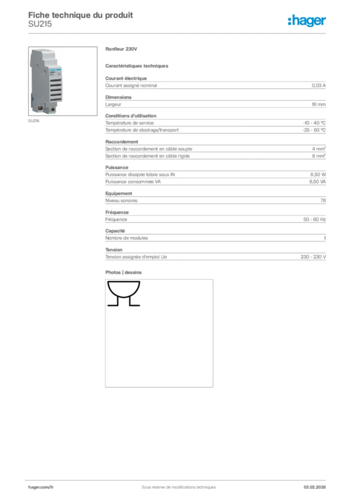 Image Hager Fiche technique du produit SU215 | Hager France