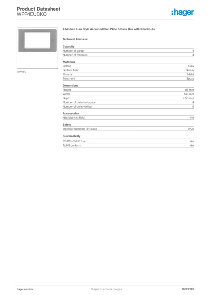 Image Hager Product data sheet WPP4EUBKO  | Hager