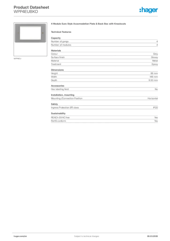 Image Hager Product data sheet WPP4EUBKO  | Hager