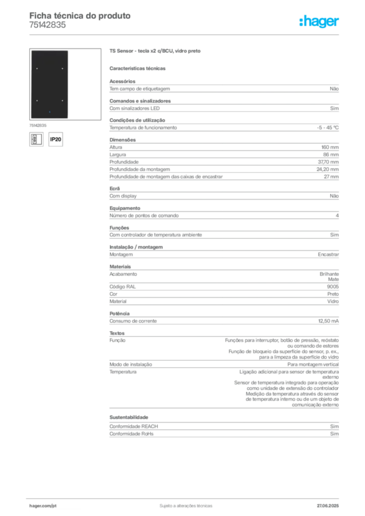 Imagem Hager Ficha técnica do produto 75142835 | Hager Portugal
