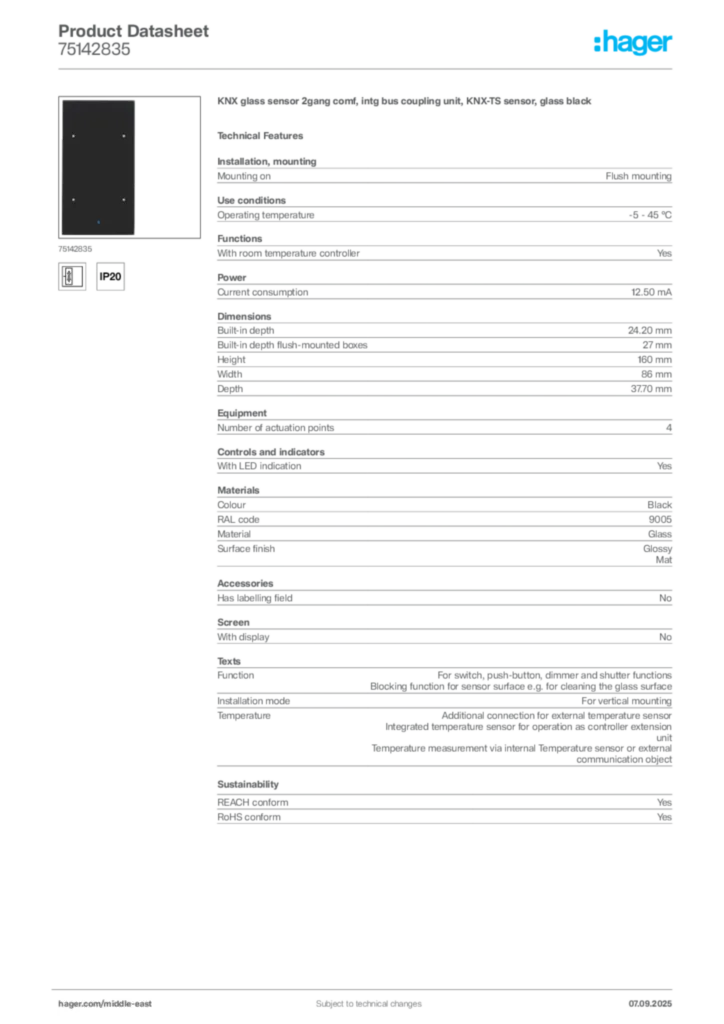 Image Hager Product data sheet 75142835  | Hager