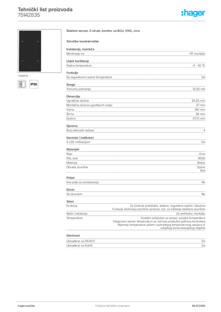 Slika Hager Product data sheet 75142835  | Hager