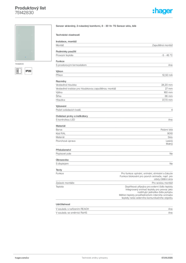 Obrázek Hager Produktový list 75142830 | Hager