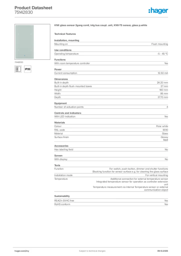 Image Hager Product data sheet 75142830  | Hager