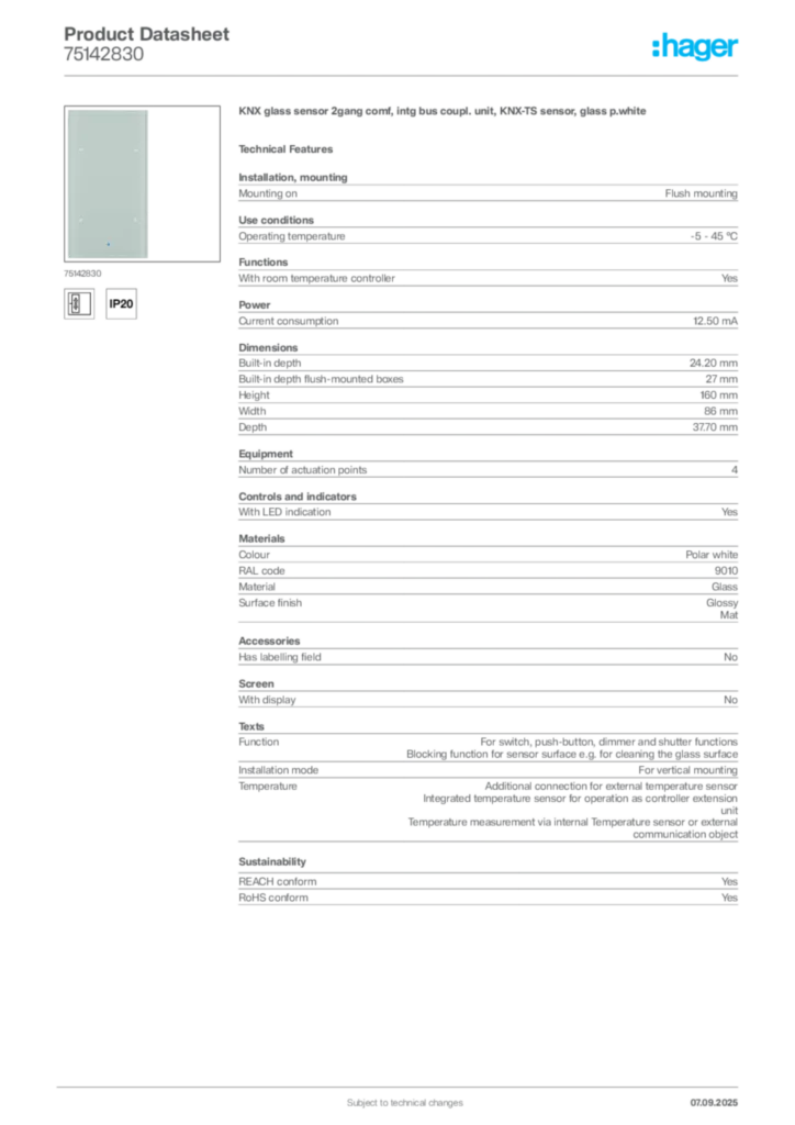 Image Hager Product data sheet 75142830  | Hager