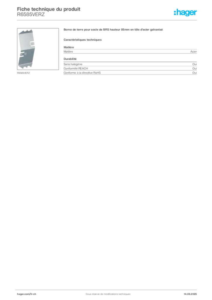 Image Hager Fiche technique du produit R6585VERZ | Hager Suisse