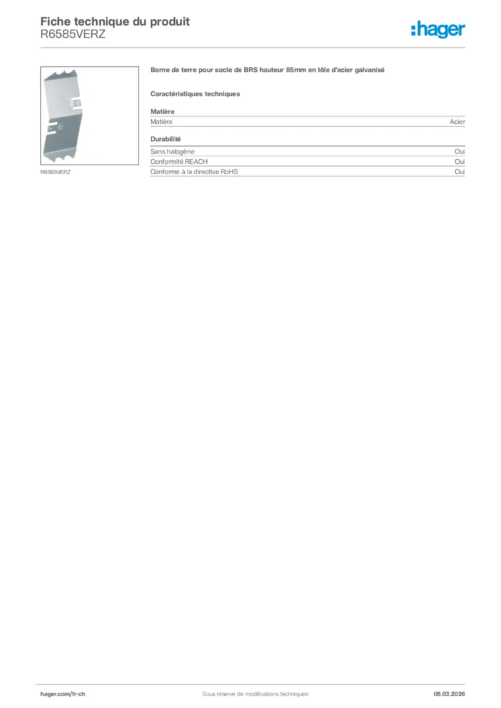 Image Hager Fiche technique du produit R6585VERZ | Hager Suisse