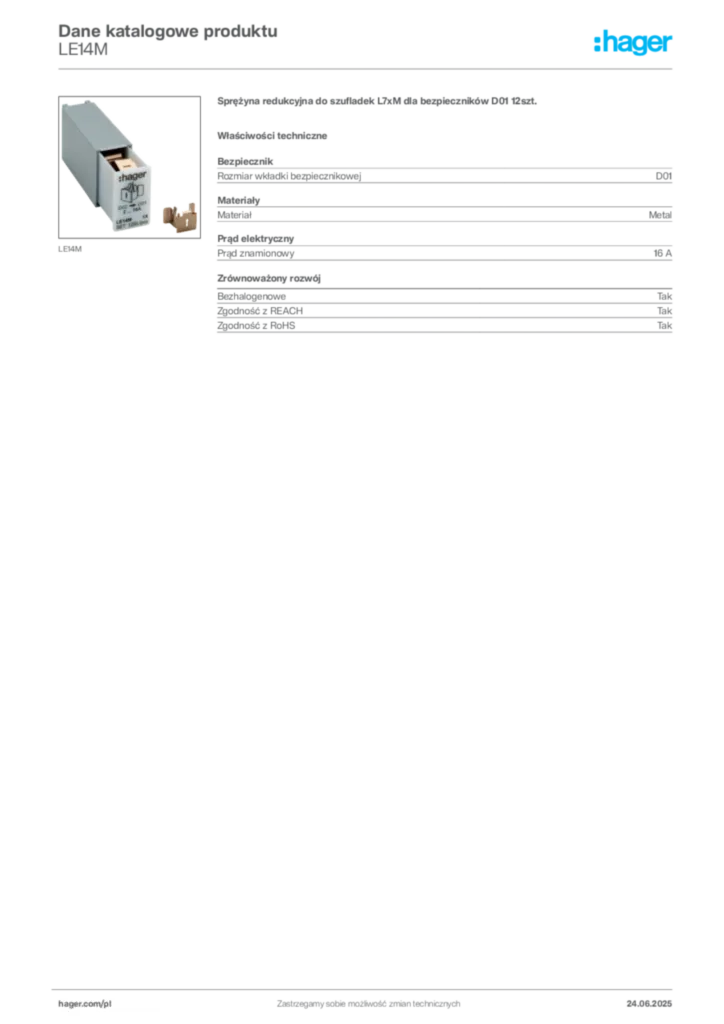 Zdjęcie Hager Karta katalogowa LE14M | Hager Polska