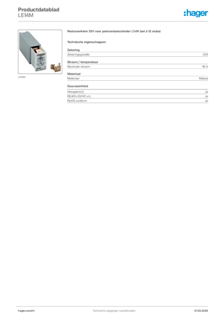 Afbeelding Hager Productdatablad LE14M | Hager Nederland