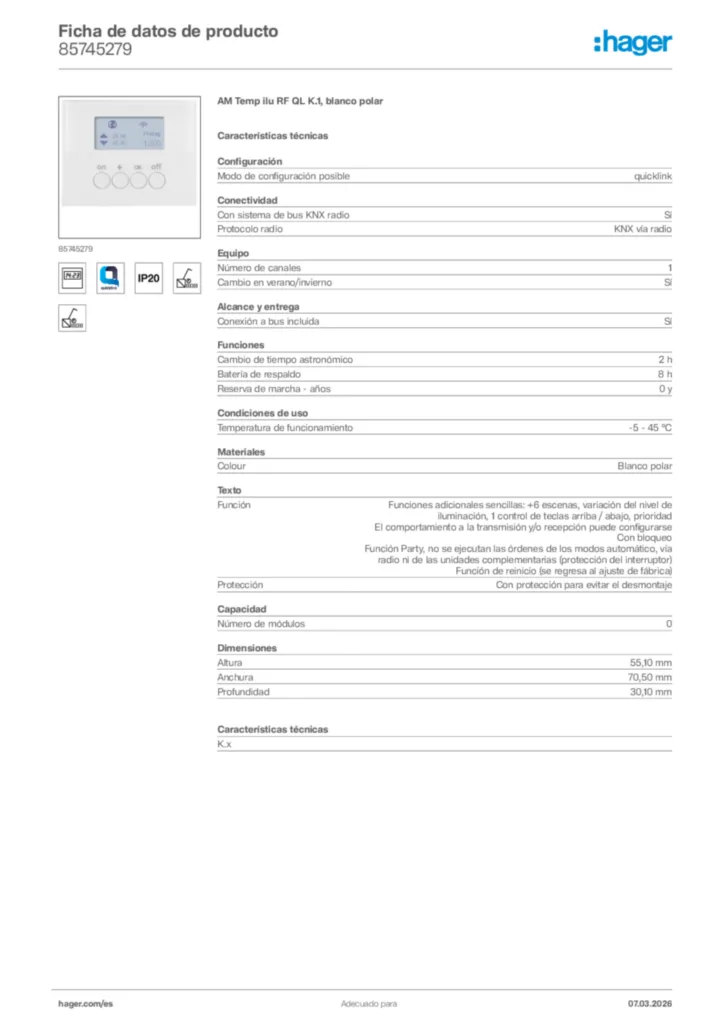 Imagen Hager Ficha de datos de producto 85745279 | Hager España