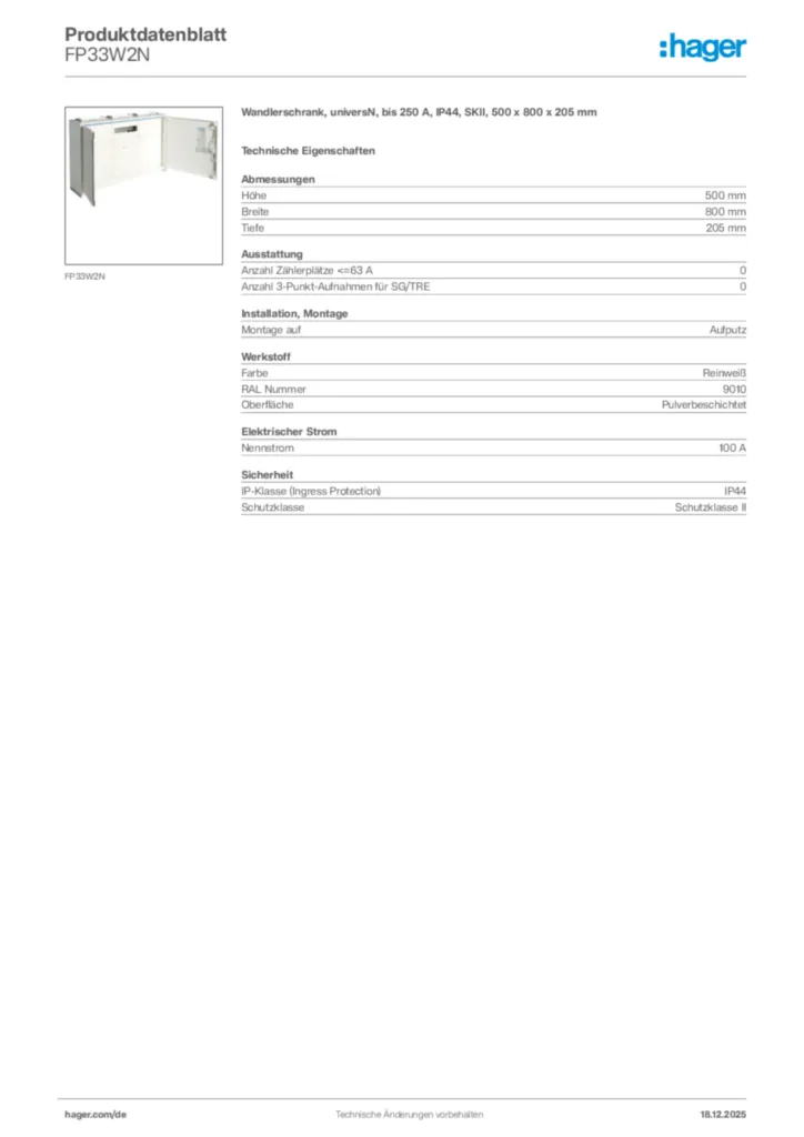 Bild Hager Produktdatenblatt FP33W2N | Hager Deutschland