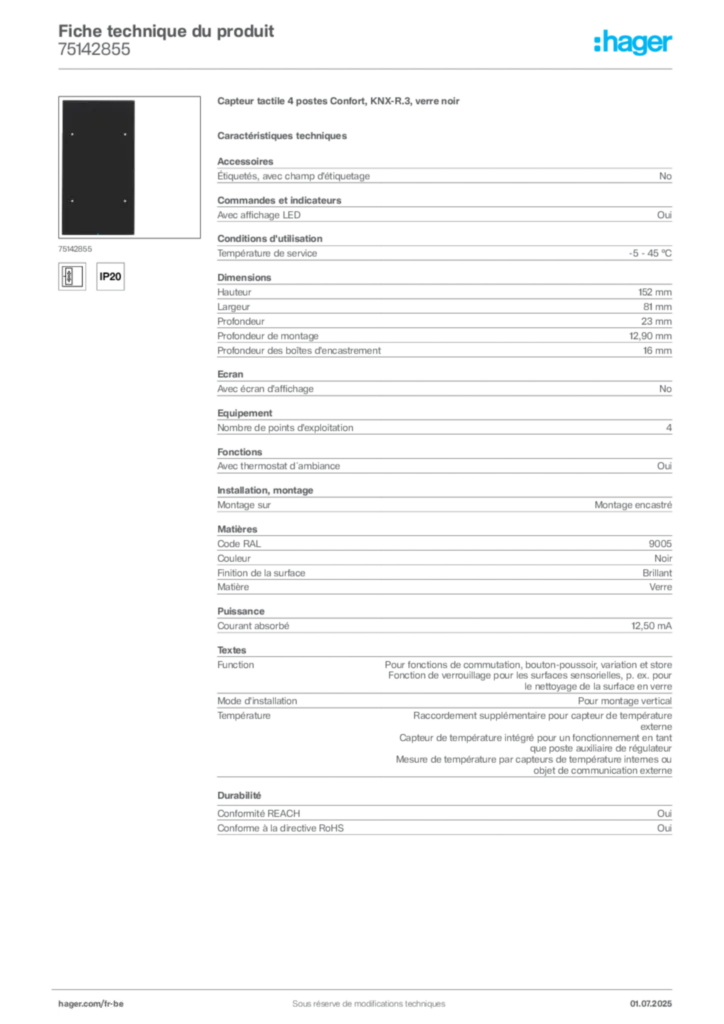 Image Hager Fiche technique du produit 75142855 | Hager Belgique