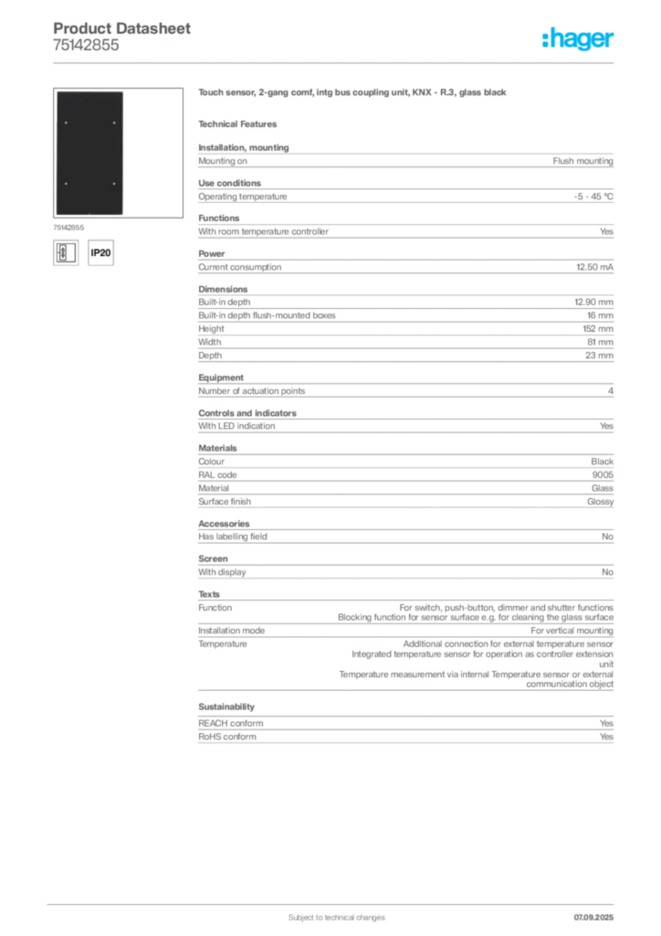 Image Hager Product data sheet 75142855  | Hager
