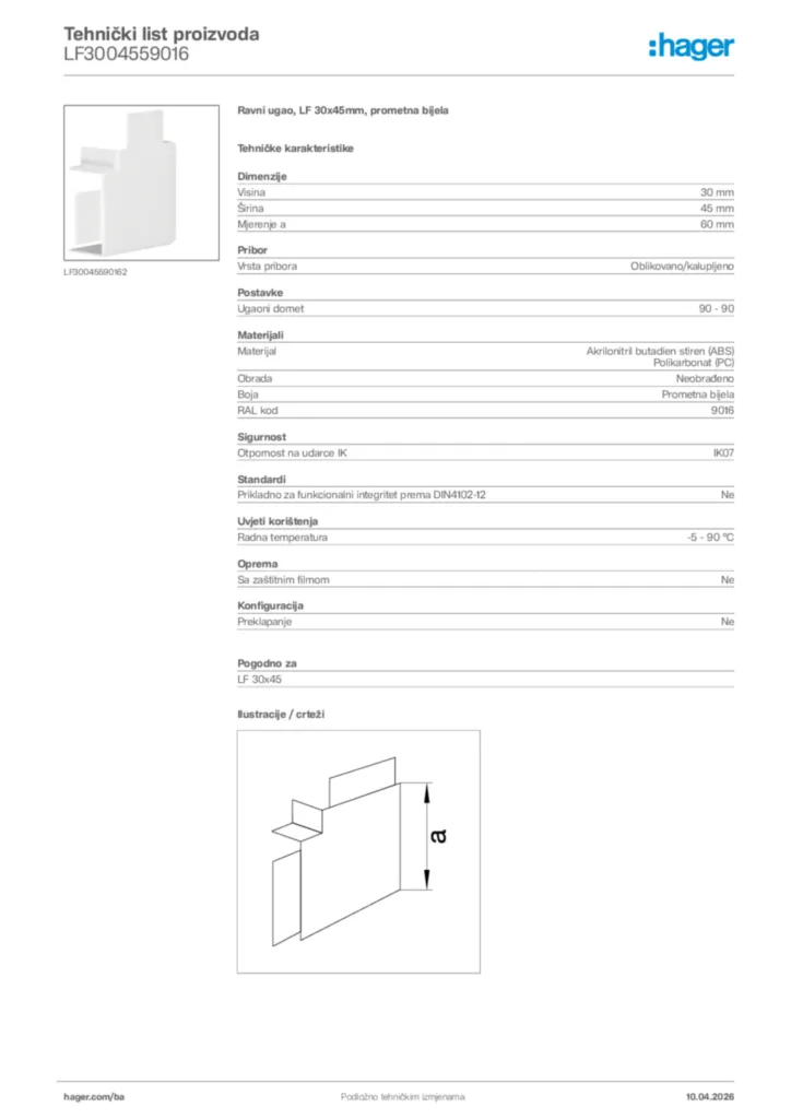 Slika Hager Tehnički list proizvoda LF3004559016  | Hager