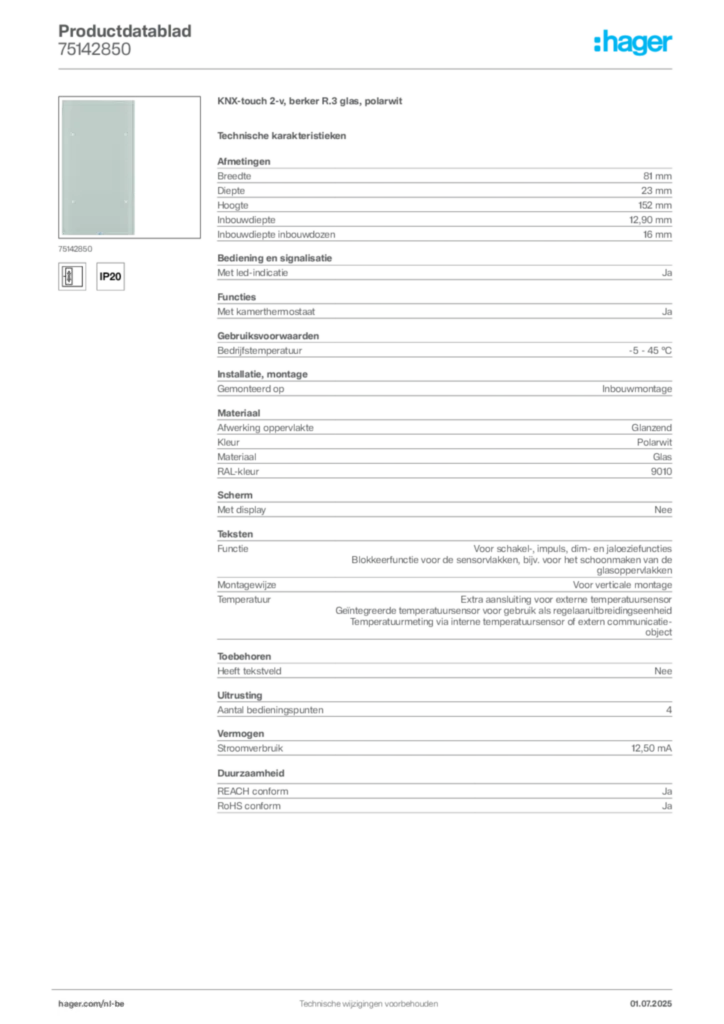 Afbeelding Hager Productdatablad 75142850 | Hager Belgium