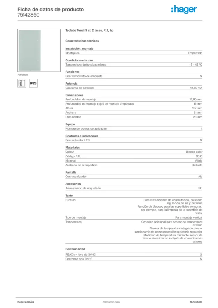 Imagen Hager Ficha de datos de producto 75142850 | Hager España